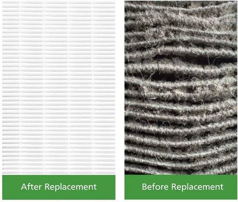 Comparison of Replacement Filters For LV-PUR131 And LV-PUR131S Air Purifier, clean filter vs dirty filter before and after use.