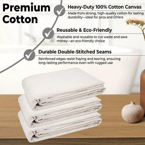 Heavy Duty Cotton Canvas Drop Cloth 8 Oz 6x9 Ft Painter's Shield on a table highlighting premium, reusable material and durability features.