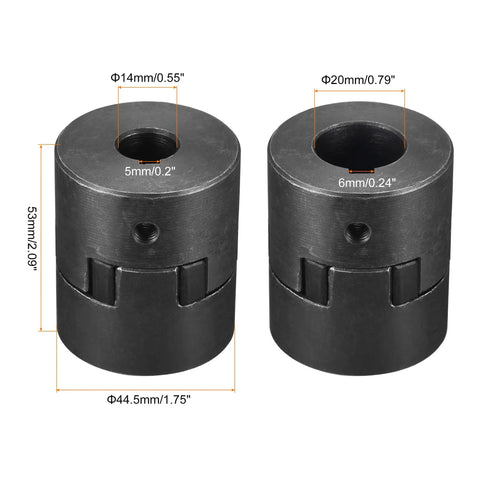 Beefy Flexible Coupling Shaft 14mm To 20mm Bore 53mm Length 44.5mm OD Motor Coupler Joint, pair with dimensions and slot sizes visible.