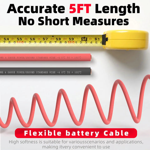 4 Gauge Battery Cable Kit 5ft Red and 5ft Black OFC Pure Copper Wire For Automotive Solar Generator Marine Battery Applications Heavy Duty Weather Resistant 600 Volt Conductive Power Transfer, 5ft cable length with tape measure