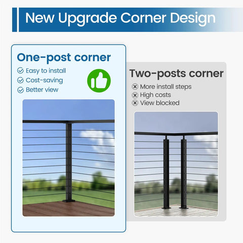 Awesome Level Drilled Aluminum Cable Railing Post That Is Perfect For Your 36 Inch Residential Deck Projects Comes Pre Drilled For Horizontal Sections Top Mount Adjustable In Black Finish Works On Wood And Concrete As End Or Middle Post showing corner design comparison in black finish.