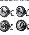 7 Inch Aluminum Alloy CNC Motorcycle Headlight Housing Bucket with CNC Side Mount Bracket in black, four-angle view, installed