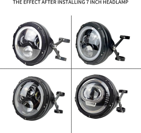 7 Inch Aluminum Alloy CNC Motorcycle Headlight Housing Bucket with CNC Side Mount Bracket in black, four-angle view, installed