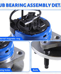 Close-up of front wheel bearing hub assembly, 5 lug ABS fits Chevy Cobalt 2008 2010 Malibu 2004 2012 Pontiac G6 2005 2010 Saturn Aura 2007 2009 HHR 2008 2010 replacement hub assembly, showing internal magnetic ring, fixing holes, and bolts.