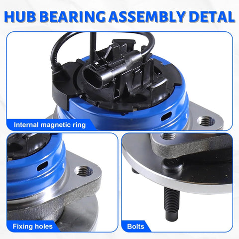 Close-up of front wheel bearing hub assembly, 5 lug ABS fits Chevy Cobalt 2008 2010 Malibu 2004 2012 Pontiac G6 2005 2010 Saturn Aura 2007 2009 HHR 2008 2010 replacement hub assembly, showing internal magnetic ring, fixing holes, and bolts.