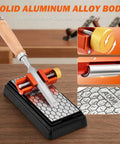 Adjustable Chisel Sharpening Jig And Honing Guide Tool For Woodworkers on solid aluminum alloy base with a chisel in place.