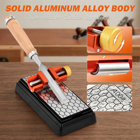 Adjustable Chisel Sharpening Jig And Honing Guide Tool For Woodworkers on solid aluminum alloy base with a chisel in place.