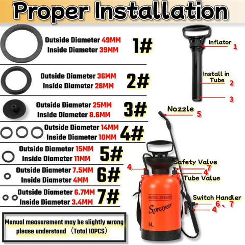 10-pack black rubber sprayer seal rings in assorted diameters for garden sprayers (3L–8L, 1–2 gallon)