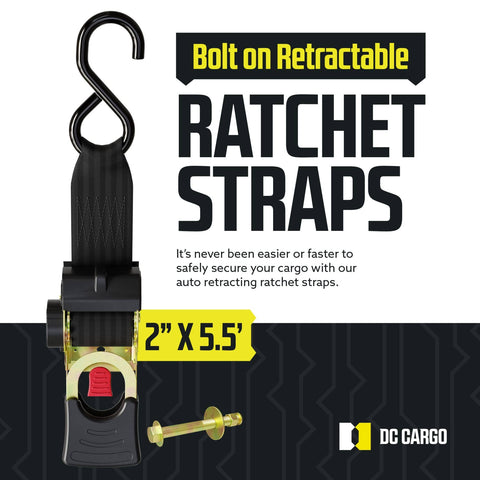 Bolt On Auto Retractable Ratchet Straps 2 Pack 2 Inch By 5.5 Foot Built Tough Heavy Duty Tie Down Straps With 4033 Lb Break Strength