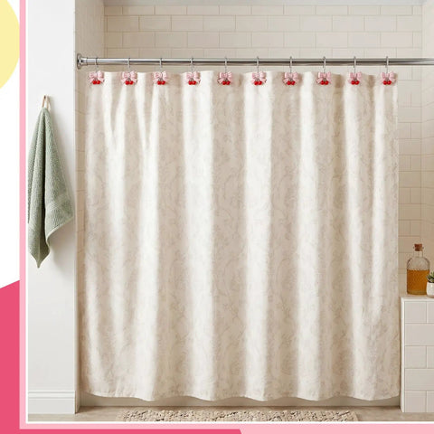 12 Piece Pink Bow Cherry Shower Curtain Hooks Set Resin Rust Resistant Gliding Hooks For Standard Rods Cute Bow Knot