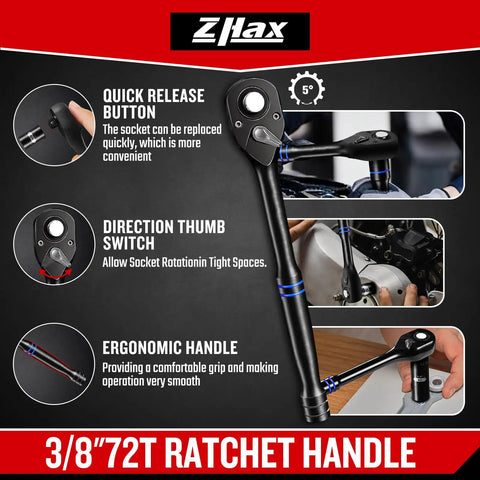 Three Eighths Inch Drive 12 Point Impact Socket Set with 72 Tooth Ratchet, ergonomic design and quick release, in use.