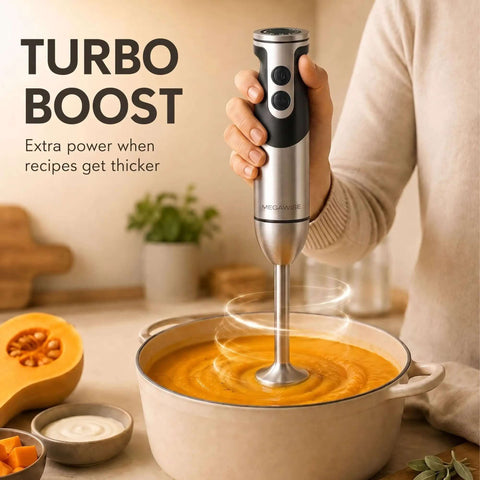 Kickin Eight Hundred Watt 5 In 1 Hand Blender With Titanium Blades And 12 Speed Settings for smooth soups in a pot.