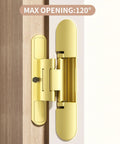 Rock Solid Heavy Duty 6 Inch Hidden Door Hinge With No Drama 3 Way Adjustment For Secret Doors showing max opening of 120 degrees.