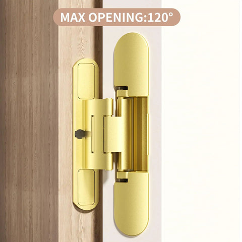 Rock Solid Heavy Duty 6 Inch Hidden Door Hinge With No Drama 3 Way Adjustment For Secret Doors showing max opening of 120 degrees.