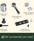 Professional Grade Home Espresso Maker Featuring Solid Twenty Bar Pressure And A Stainless Steel Bottomless Portafilter For Straight Up Cafe Kick And Zero Fuss Brewing Any Day accessories, including milk jug, portafilter, and coffee tools.