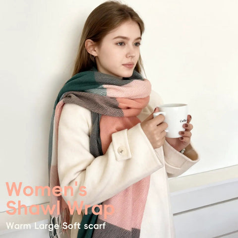 Cozy Mohair Style Winter Scarf For Women And Men Large Chunky Cashmere Feel Shawl Wrap 82.7 by 13.8 Inches With Tassels worn in a room.