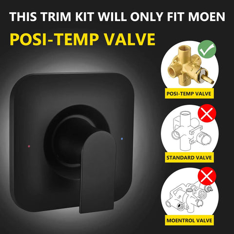 Genta LX Posi-Temp Valve Trim Kit Replacement Matte Black Finish with compatibility diagram showing Moen Posi-Temp Valve only.