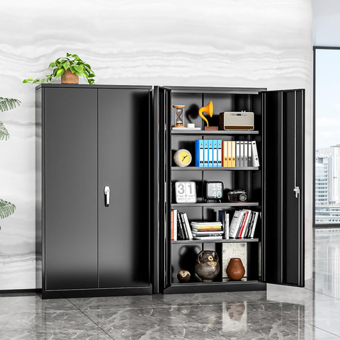 Heavy Duty Metal Storage Cabinet With Adjustable Shelves For Garage Home Office Kitchen Pantry And File Storage Lockable Doors Built Tough In Solid Steel 72 Inches Tall Black, open with items inside