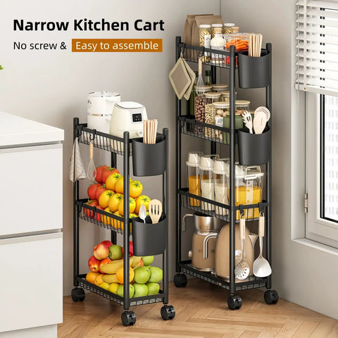 Four Tier Narrow Rolling Storage Cart With Wheels For Tight Spaces, Skinny Metal Mobile Shelf Organizer, Black Finish, 6.8 Inch Wide
