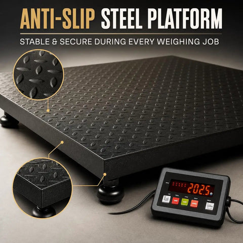 Heavy Duty Rock Hard Commercial Pallet Scale Featuring 48 Inch Square Floor Platform With 10000 Lb Load Rating built like a tank with anti-slip steel finish.