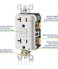 Solid Build 20 Amp Self Test Gfci Outlet With Clear Led Status Light Auto Ground Fault Protection Slim Tamper Resistant Design, showing wiring options and self-testing features.