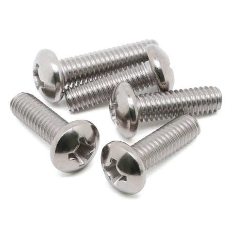 Rock Solid 8-32 Pan Head Machine Screws Half Inch Full Thread 304 Stainless Steel Phillips Drive pack of 5 screws showing flat heads and threads.