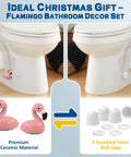 Pink Flamingo Toilet Bolt Covers Set With 2 Ceramic Flamingo Caps And 4 Universal Toilet Screw Cover Caps Totally Fun Bathroom Decor And Gift Idea Great For Home Renovations And Modern Bathrooms showcasing ceramic flamingo caps on toilet bolt.