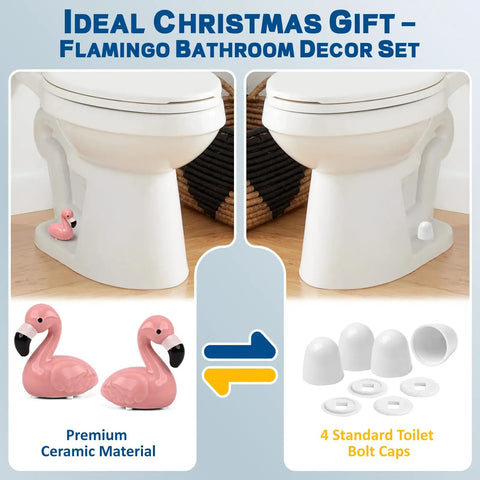 Pink Flamingo Toilet Bolt Covers Set With 2 Ceramic Flamingo Caps And 4 Universal Toilet Screw Cover Caps Totally Fun Bathroom Decor And Gift Idea Great For Home Renovations And Modern Bathrooms showcasing ceramic flamingo caps on toilet bolt.