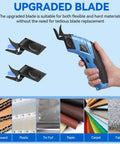 Hand holding Rechargeable Electric Scissors USB Cordless Fabric Cutter For Cardboard Craft Sewing & Home Projects with upgraded blades.