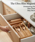 Ultra Thin Cabinet Magnets 8 Pack No Fuss Closure with open kitchen drawer and wooden utensils visible.