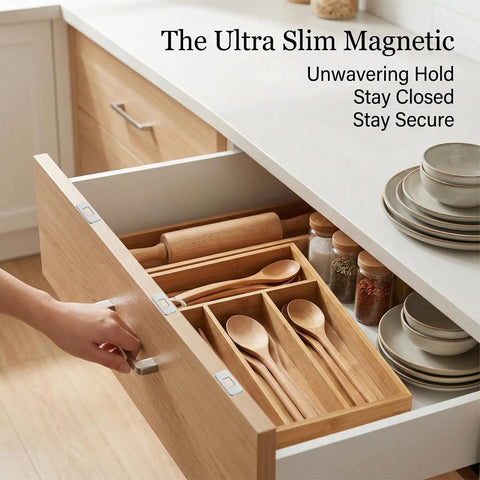Ultra Thin Cabinet Magnets 8 Pack No Fuss Closure with open kitchen drawer and wooden utensils visible.