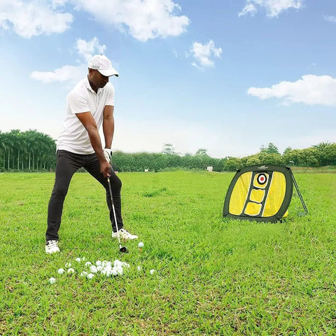 Golfer practicing with Chipping Net Pop Up Golf Net For Backyard Driving And Indoor Outdoor Practice Improve Short Game Accuracy