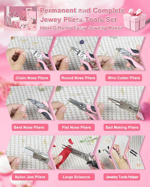 Display of Pro Grade Jewelry Pliers Set For Beading And Wire Wrapping, showing 8 pink craft pliers with detailed labeling