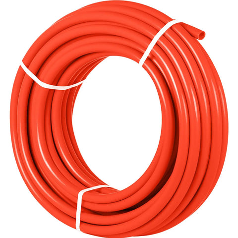 Red roll of Non Oxygen Barrier PEX B Pipe 1/2 Inch Flexible Tubing 100 Ft for hydronic radiant floor heating and water plumbing.