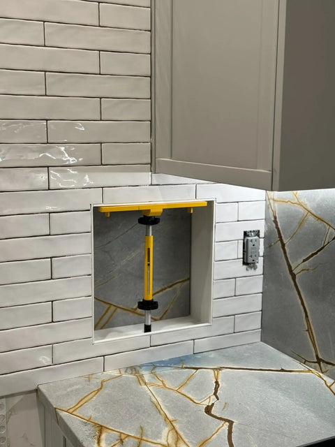 Shower Niche Tiling Tool Kit With Aluminum Support For Ceramic And Porcelain Tile Installations in niche with yellow spacer