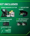 Badass Cordless Rebar Bender and Cutter Crushes Heavy Steel Tasks Fast Using One Brushless Motor and 36V Multivolt Battery kit contents image.