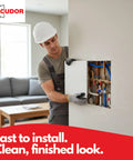 Heavy Duty 8X8 Inch Hinged Drywall Access Panel White Slick Slip In Design For Walls And Ceilings No Sweat Setup No Screws Needed being installed by a worker.