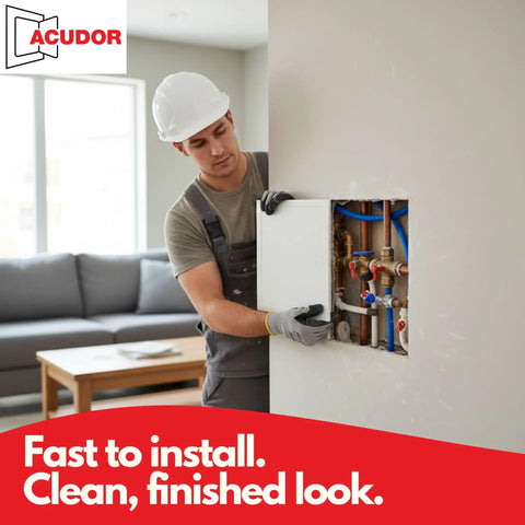 Heavy Duty 8X8 Inch Hinged Drywall Access Panel White Slick Slip In Design For Walls And Ceilings No Sweat Setup No Screws Needed being installed by a worker.