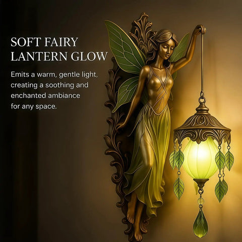 Fairy Lamp Vintage Wall Sconce, Hand-Painted Wing Design Dimmable，green, showcasing a fairy figure, bronze finish, soft glow.