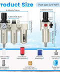 Heavy Duty 3/4 Inch NPT Air Compressor Water Separator With Three Stage Filtration No Fuss Auto Drain size chart showing dimensions.