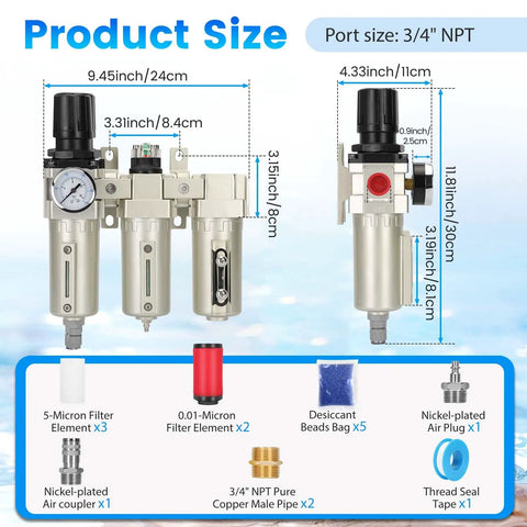 Heavy Duty 3/4 Inch NPT Air Compressor Water Separator With Three Stage Filtration No Fuss Auto Drain size chart showing dimensions.