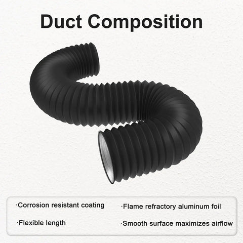 Flexible 4 Inch Dryer Vent Hose 8 Feet Long DIY Friendly Aluminum Foil Ducting With PVC Layer Insulated in black showing composition and features