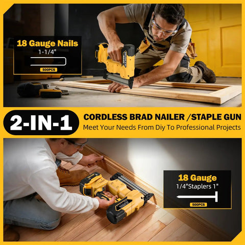 Versatile Two In One Cordless Brad Nailer And Narrow Crown Stapler Compatible With Dewalt 20v Batteries 18 Gauge Electric Nail Gun Kit With 1000 Fasteners A Heavy Duty Hustler Built For Woodworking And Diy Projects