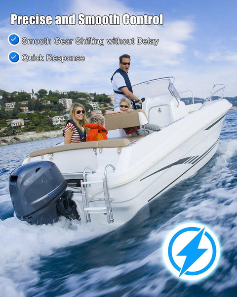 Family on a boat using 12Ft Throttle And Shift Remote Control Cable For Johnson Evinrude Outboard Motors Dual Pack Replacement