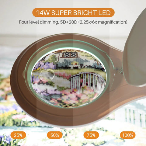 Top view of bifocal LED magnifying lamp with clamp for DIYers, showing 5 diopter plus 20 diopter 5 inch glass lens in use