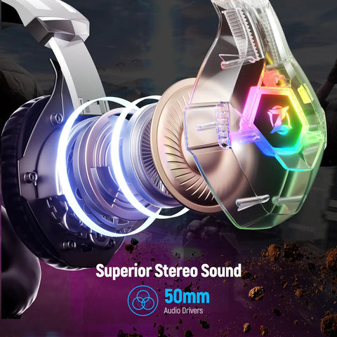 Close-up view of the 7.1 Surround Sound Gaming Headset with Noise Canceling Microphone, RGB LED lights, and 50mm audio drivers