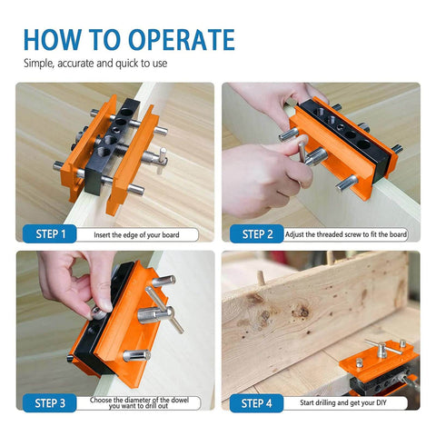 Steps to use Self Centering Doweling Jig With Aluminum Alloy Guide Bushings for precise woodworking joints and furniture assembly