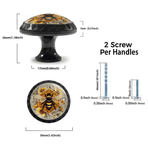 Vintage Honeybee Cabinet Knob Set 4 Pack With Cheerful Flora Motifs, ABS knobs with dimensions and screws for farmhouse use.