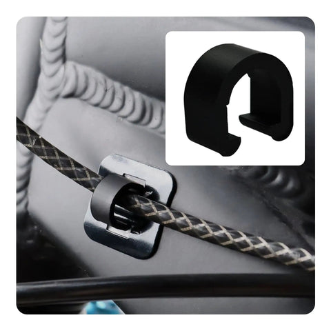 Close-up of black C-clip clamp securing cable on bike frame from 50 Pack Bicycle C Clips Clamps Kit For MTB And Road Bikes
