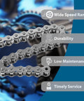 Close-up of Size 50 Stainless Steel Roller Chain 10 Feet Long With Two Master Links for gate operators, showcasing durability and features.